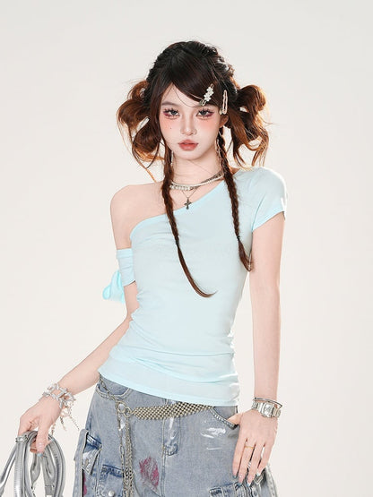 Baby Blue Asymmetrical Neckline Slim-fitting T-shirt