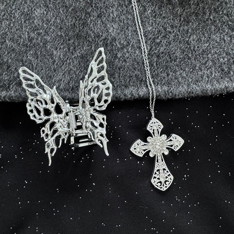 Silver/Ancient Silver Rhinestone Embellished Cross Necklace