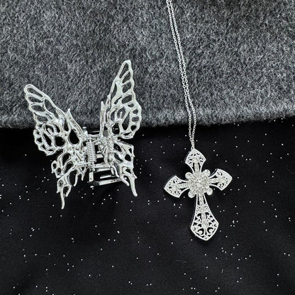 Silver/Ancient Silver Rhinestone Embellished Cross Necklace