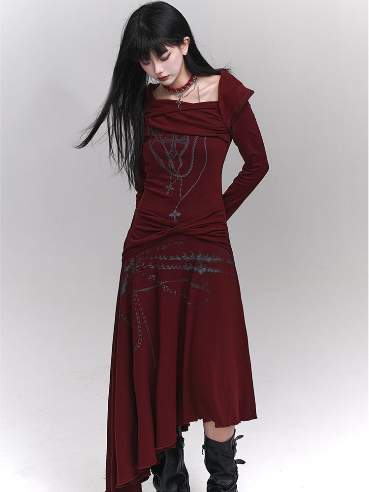 Wine Red Asymmetrical Neckline and Hem Twist Detail Cross Print Dress