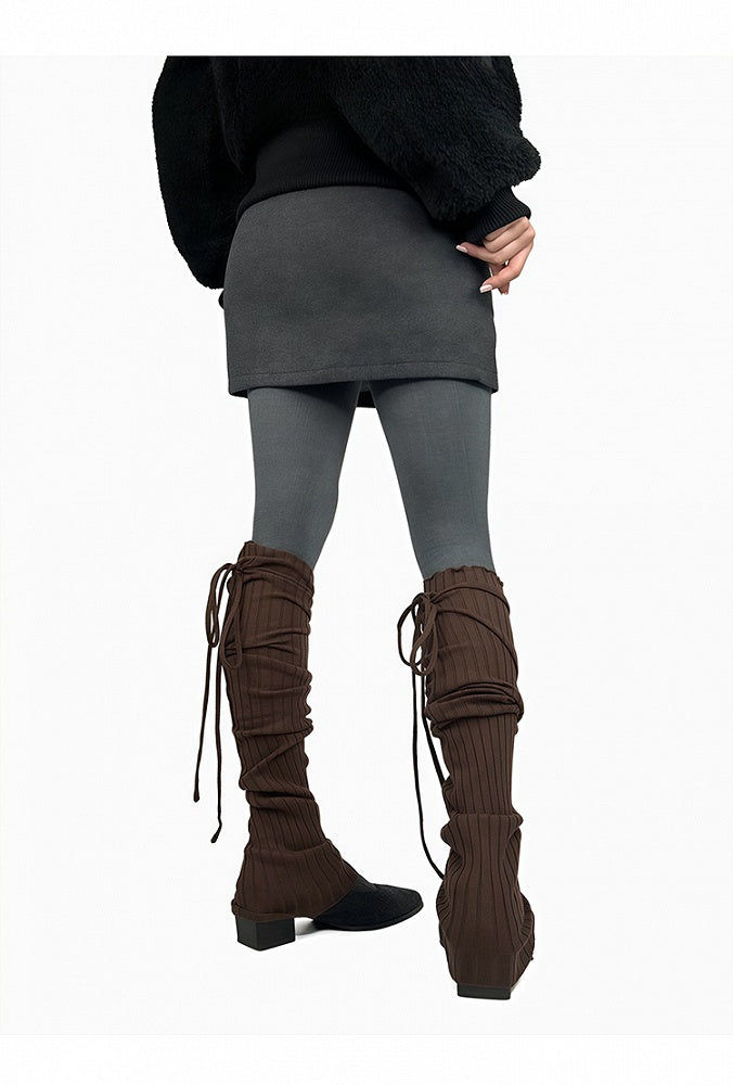 Gray/Beige/Brown/Black Self-tie Straps Leg Warmers