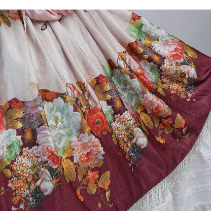 Historical Full Set- Pink Blouse + Wine Red Crystal Tassel Floral Skirt + Red Wide Belt