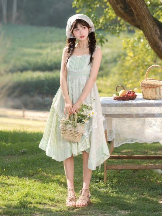 Mori Kei Green Plaid Asymmetrical Patchwork Design Cottagecore Floral Sleeveless Dress