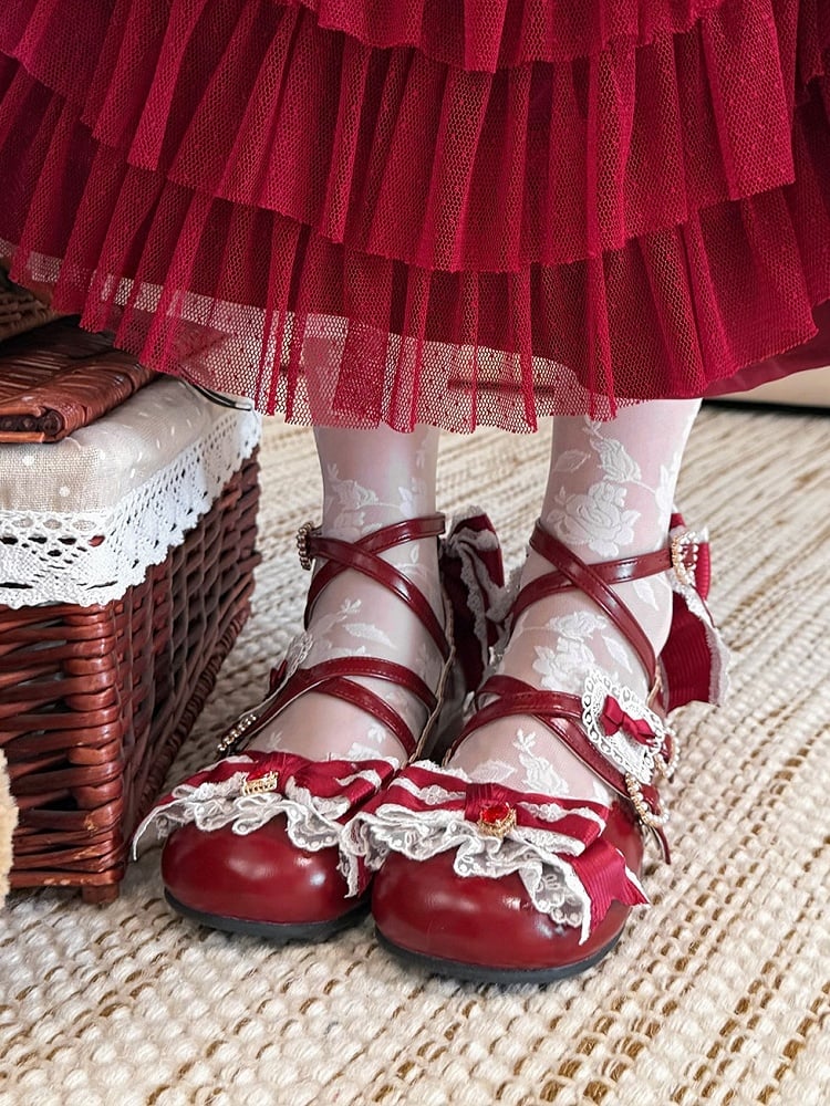 Red Sweet Lolita Bowknot Details Crisscross Design Heart Buckle Straps 2CM/5CM Block Heels Shoes