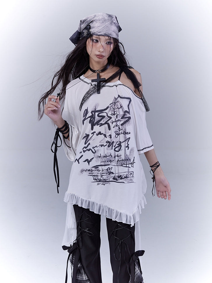 White Asymmetrical Neckline Ruffle Hem Graphic T-Shirt with Self-tie Strap Waist
