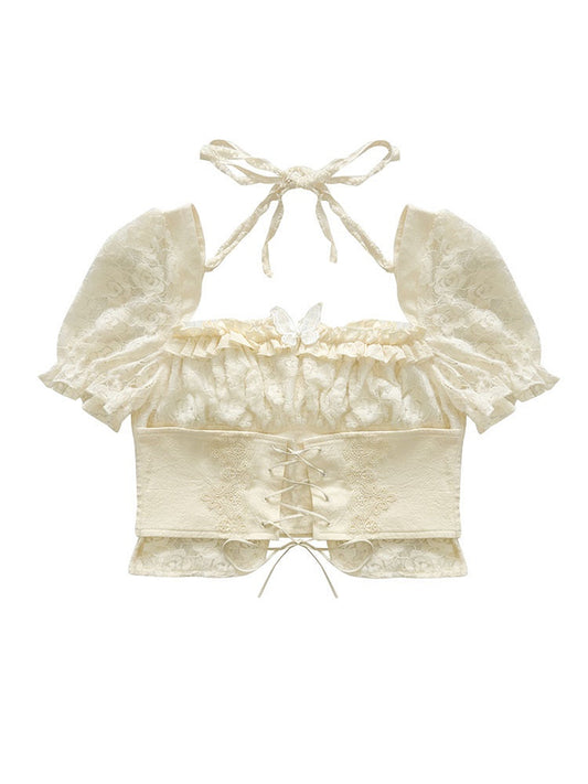Butterfly Decorated Beige Lace-up Detail Puff Sleeves Top