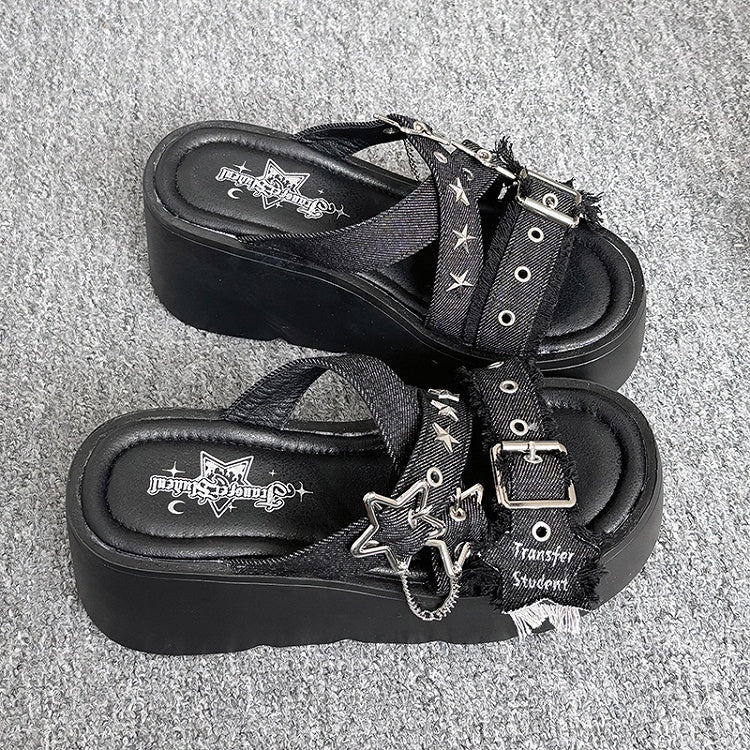 Star-shaped Buckles and Studs Black Denim Punk Platform Slippers