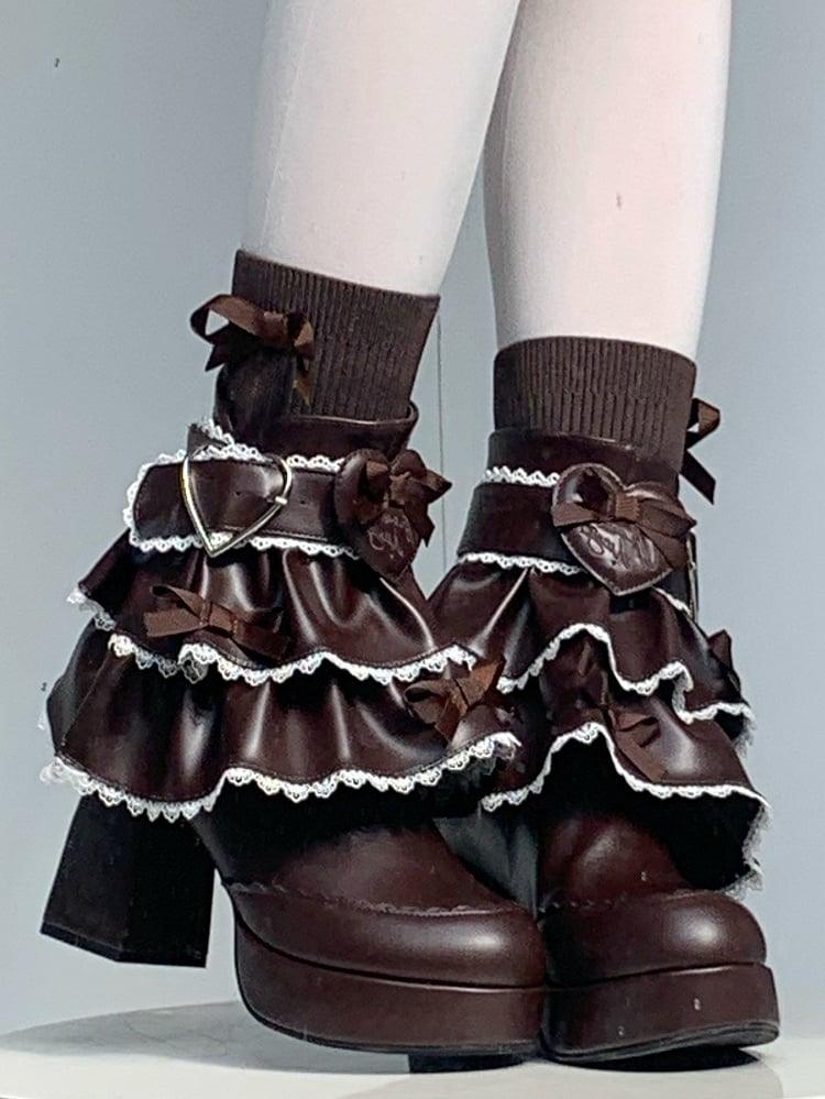 Brown Sweet Lolita Boots in PU - Layered Skirt-like Frills & Romantic Heart Clasp