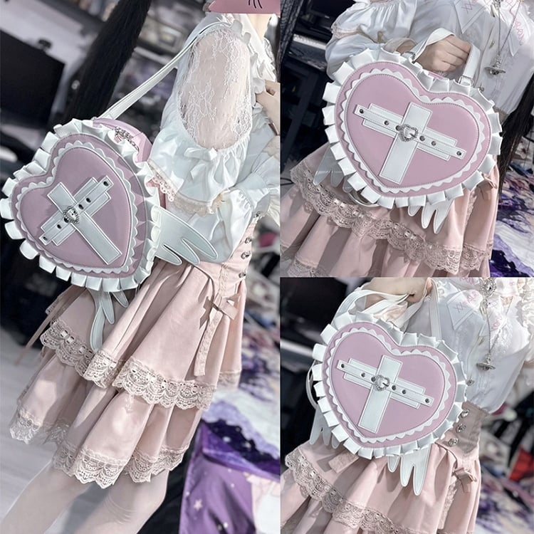 Jirai Kei Heart Backpack with Wings & Cross PU Leather in Black / Light Blue / Pink