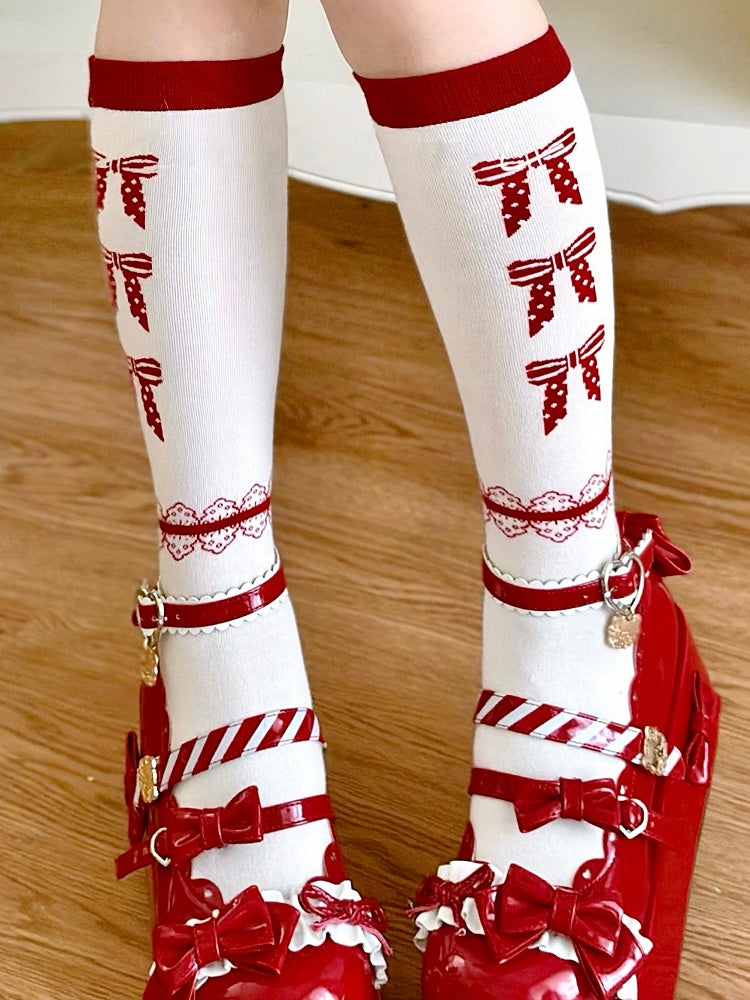 Red Polka Dot Bowknot Pattern Lolita White Calf Socks