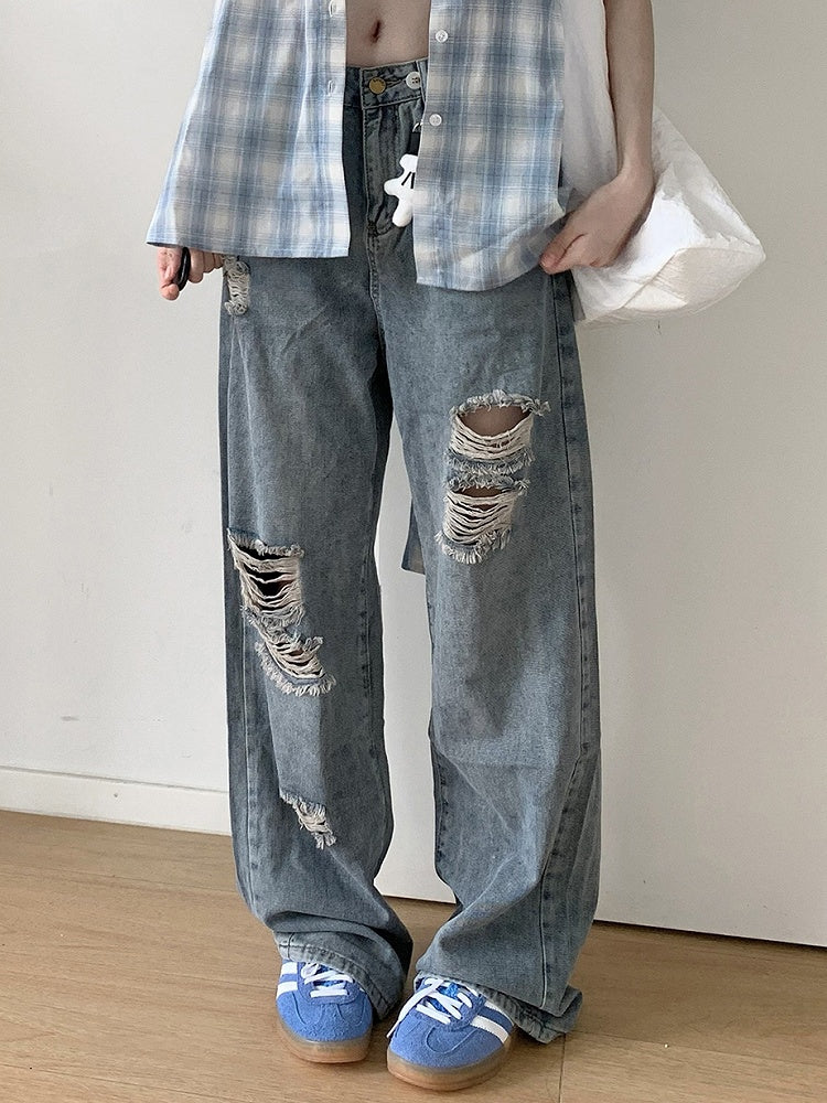 Blue Low Rise Distressed Holes Straight-leg Jeans with Free Charm