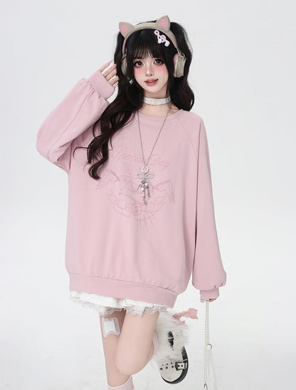 Self-tie Bowknot at Back Pink/Black Round Neck Graphic Sweatshirt