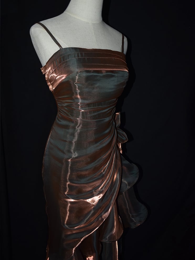 Khaki Vintage Floral Dress Asymmetrical Hem Prom Gown