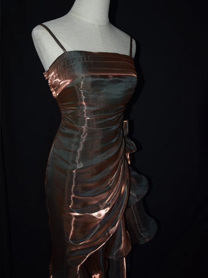 Khaki Vintage Floral Dress Asymmetrical Hem Prom Gown