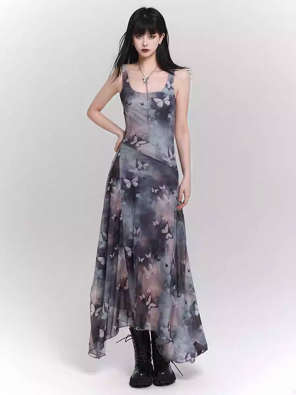 Blue & Purple Butterfly Print Asymmetrical Hem Sleeveless Dress