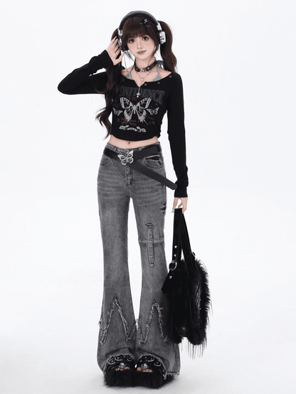 Gray Slim Fit Flared Jeans Raw Edge