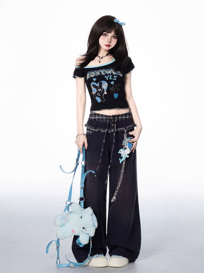 Plaid Patchwork Waist Black Low Rise Wide-leg Jeans