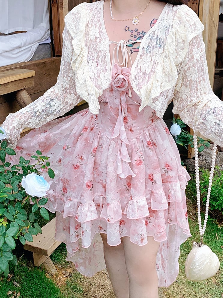 Plus Size Basque Waist Cascading Ruffle Pink Rosette Print Cami Dress High-low Skirt