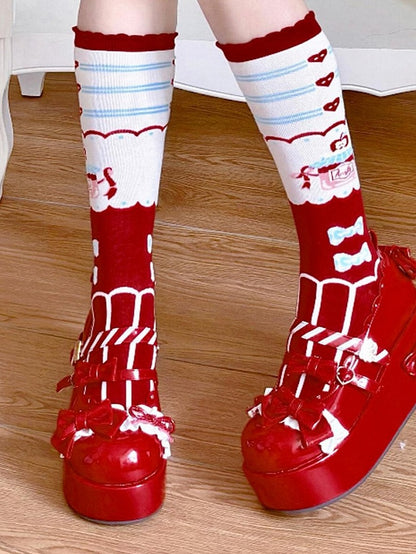 Red Apple Heart Honey Jar Bowknot Print Striped Pattern Lolita Calf Socks