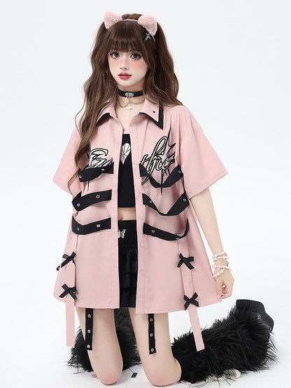 Bowknot Details Pink Cyberpunk Short Sleeves Shirt