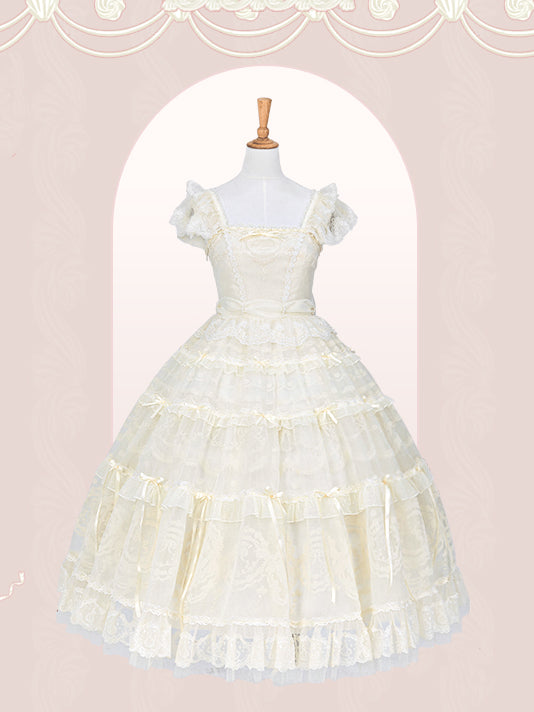 Creamy White Beads Neckline Ribbon Bow Accents Princess Lolita Dress