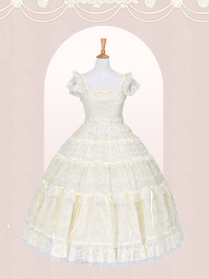 Creamy White Beads Neckline Ribbon Bow Accents Princess Lolita Dress