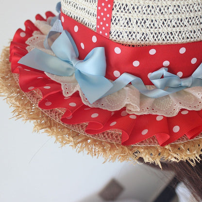 Red Strawberry Applique Bowknot Details Ruffles Trim Straw Hat