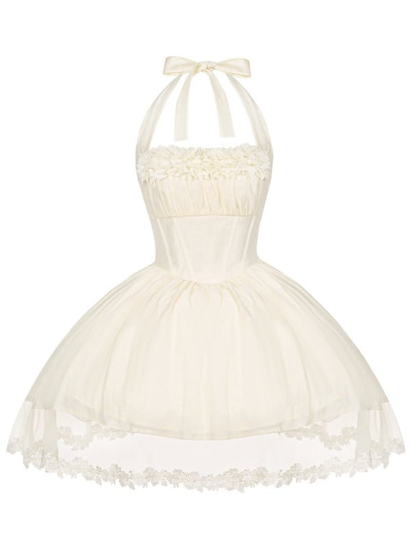 Boned Basque Waist Beige Summer Self-tie Halter Neck Short Dress