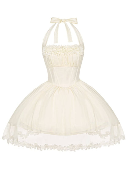 Boned Basque Waist Beige Summer Self-tie Halter Neck Short Dress