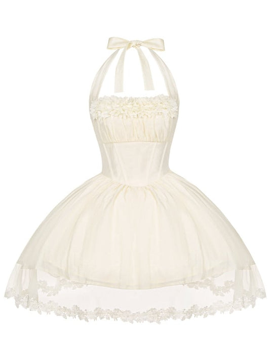 Boned Basque Waist Beige Summer Self-tie Halter Neck Short Dress