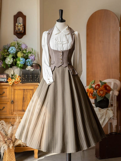 Vintage Olive Green Striped Skirt with Boned Waist and and Button Accents