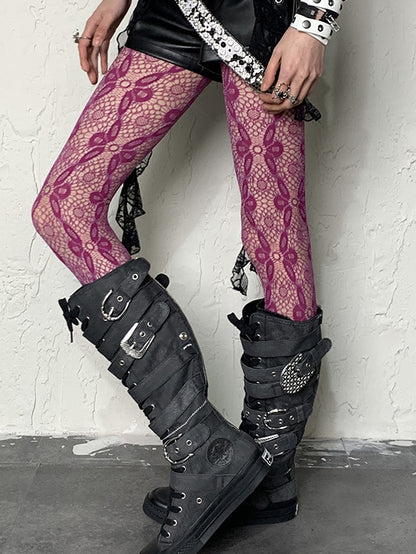 Rose Red Y2K Hollow-out Floral Pattern Tights