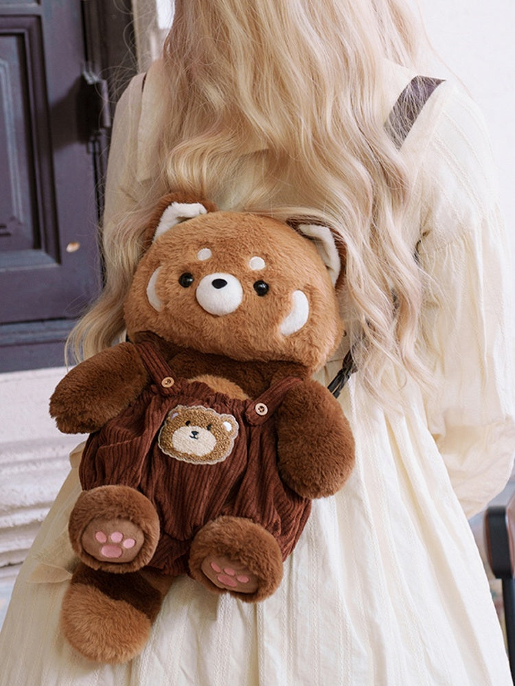 Brown Cute Plush Red Panda Backpack + Overall Pants Middle/Large Size