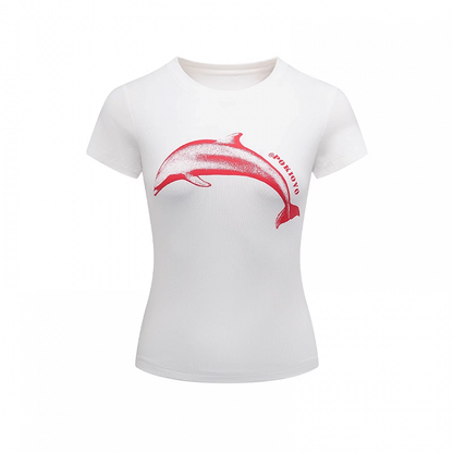 Red Dolphin Print White Round Neck Slim-fitting T-shirt
