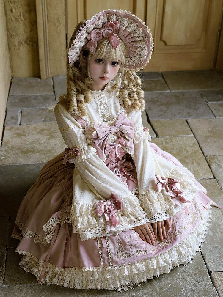 Bows Decoration Candle Embroidery Pink Velvet Dress Lolita JSK / Set