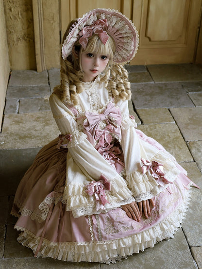 Bows Decoration Candle Embroidery Pink Velvet Dress Lolita JSK / Set