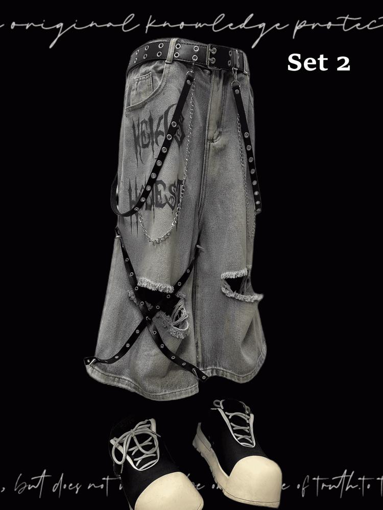 Y2K Blue Criss-cross Straps Design Distressed Holes Punk Jeans