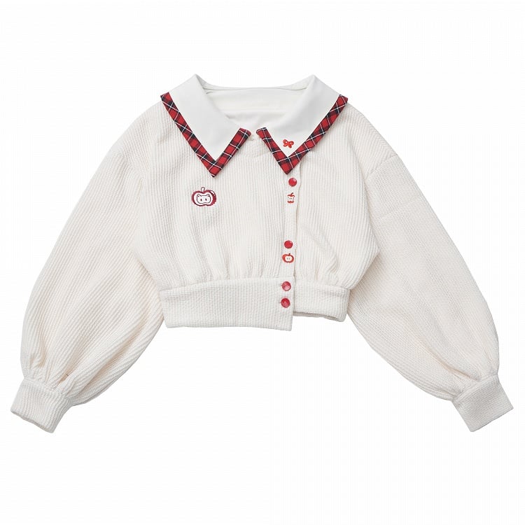 Regular/Thicken White Knit Crop Sweatshirt with Red Plaid Collar and Apple Embroidery
