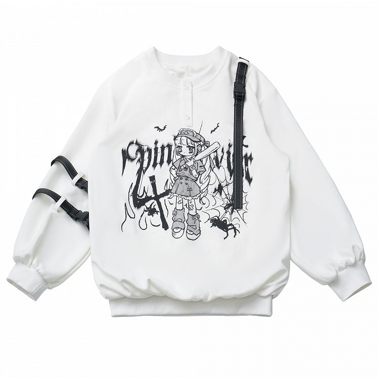 Techwear-Style Black/White Anime Girl Graffiti Sweatshirt with Letter Print and Detachable Snap Straps