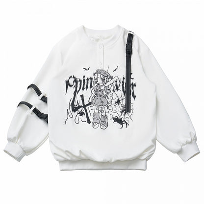 Techwear-Style Black/White Anime Girl Graffiti Sweatshirt with Letter Print and Detachable Snap Straps