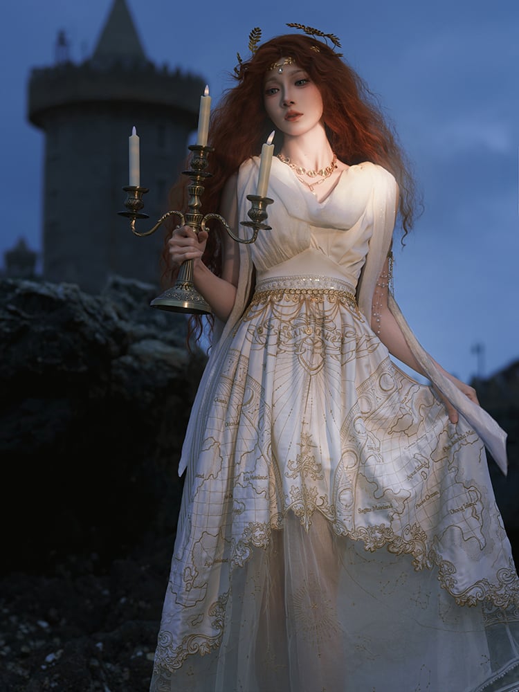 Gold Celestial Map Embroidery White Greek Style Cowl Neckline Jumper Skirt