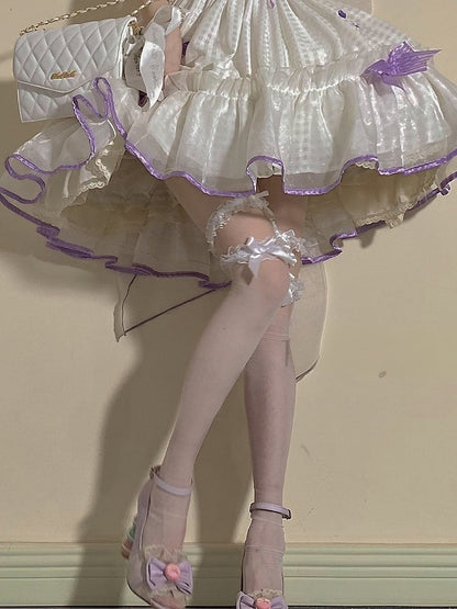 White/Black Semi-sheer Ruffled Lace Cuff Bow Over Knee Stockings