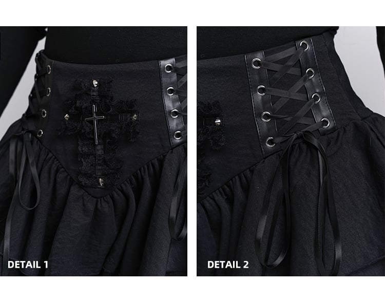 Black Lace-up Waist Studded Lace Cross Tiered Skirt