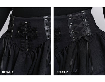 Black Lace-up Waist Studded Lace Cross Tiered Skirt