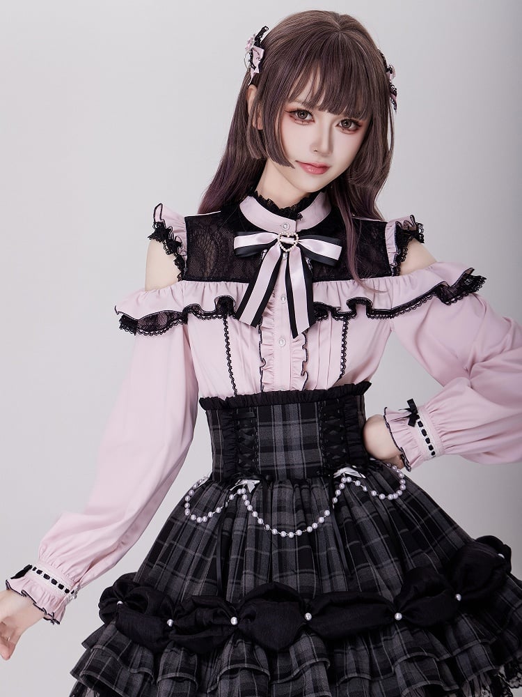 Open Shoulders and Illusion Neckline Jirai Kei Long Sleeves Pink Blouse