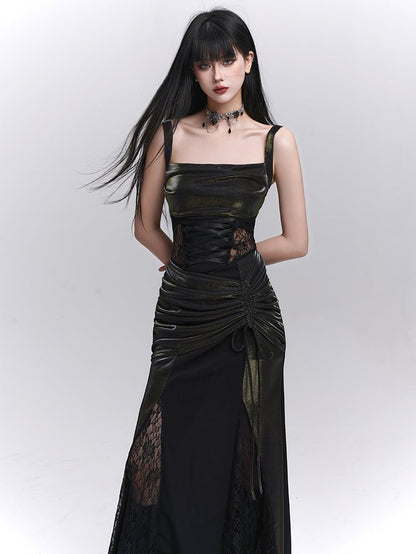Black Lace Patches Waist Drawstring Hip Sleeveless Dress