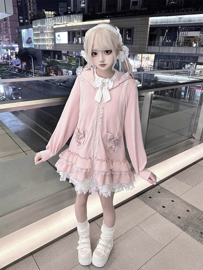 Sweet Pink Jirai Kei Bunny-Eared Hoodie Dress | Tiered Ruffles & Heart Pockets