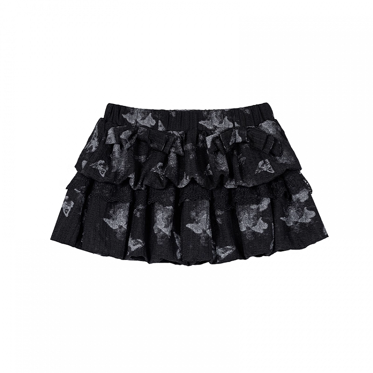 Allover Butterfly Print Black Elastic Waist Tiered Skirt