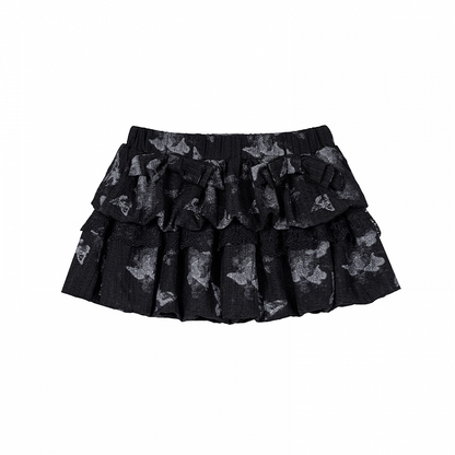 Allover Butterfly Print Black Elastic Waist Tiered Skirt
