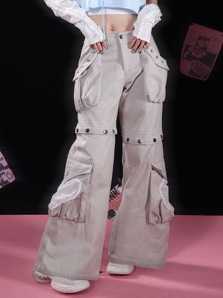 Star-shaped Studs Gray Cargo Pockets Detachable Jeans